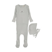 Mema Knits Embroidered Textured Footie + Bonnet - Gray Dawn / Blue Embroidery