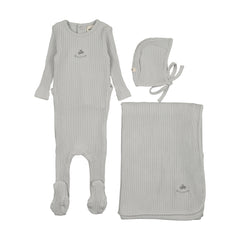 Mema Knits Embroidered Textured Footie Three Piece Set - Gray Dawn / Blue Embroidery