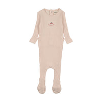Mema Knits Embroidered Textured Footie - Pink / Rose Embroidery