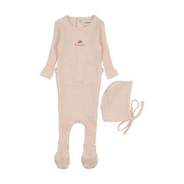 Mema Knits Embroidered Textured Footie + Bonnet - Pink / Rose Embroidery