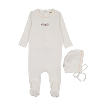 Mema Knits Floral Embroidery Footie + Bonnet - White / Pink Embroidery