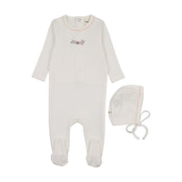 Mema Knits Floral Embroidery Footie + Bonnet - White / Pink Embroidery