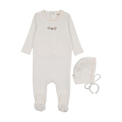 Mema Knits Floral Embroidery Footie + Bonnet - White / Pink Embroidery