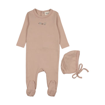 Mema Knits Floral Embroidery Footie + Bonnet - Pink / Pink Embroidery