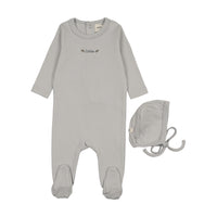 Mema Knits Floral Embroidery Footie + Bonnet - Gray Dawn / Blue Embroidery
