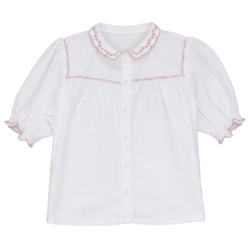 Calla Lili Girl Linen Shirt With Scallops - White/Dusty Pink- 3/4 sleeves covers the elbow