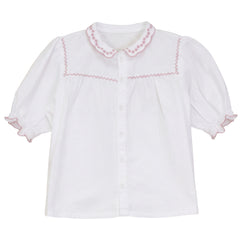 Calla Lili Girl Linen Shirt With Scallops - White/Dusty Pink