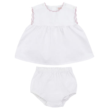 Calla Lili Baby Linen Set With Scallops - White/Dusty Pink