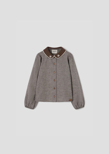 Popelin Brown Herringbone Blouse with Embroidered Baby Collar (Mod.15.4)
