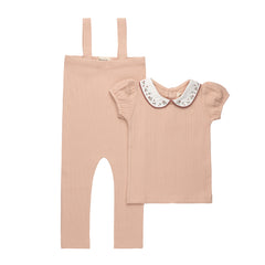 Ely's & Co Floral Embroidered Collar Collection Pink Bodysuit And Overalls