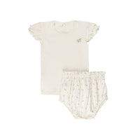 Ely's & Co Jersey Cotton- Printed Floral- Ivory - Tshirt & Bloomer