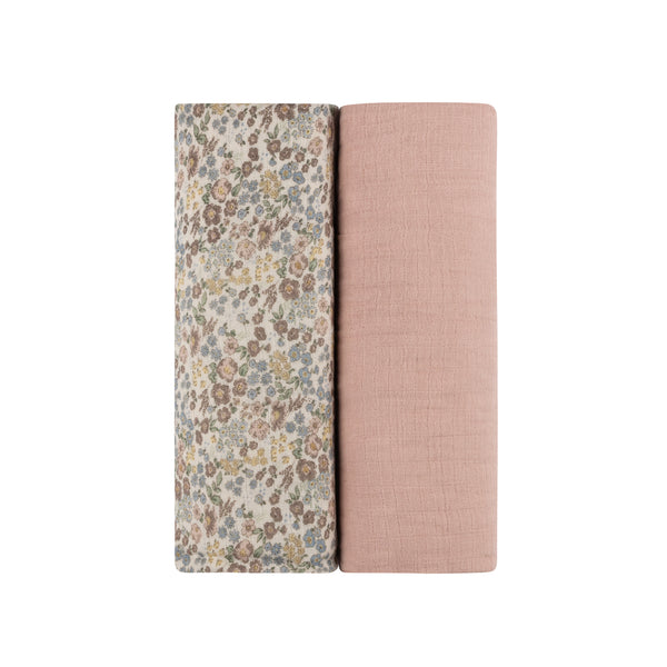 Aurora Pink Solid Ivory Floral Muslin 2 Pack Swaddle Set