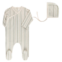 Ely's & Co Jersey Cotton Linear Tulip Ivory Blue Footie + Bonnet
