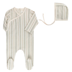 Ely's & Co Jersey Cotton Linear Tulip Ivory Blue Footie + Bonnet
