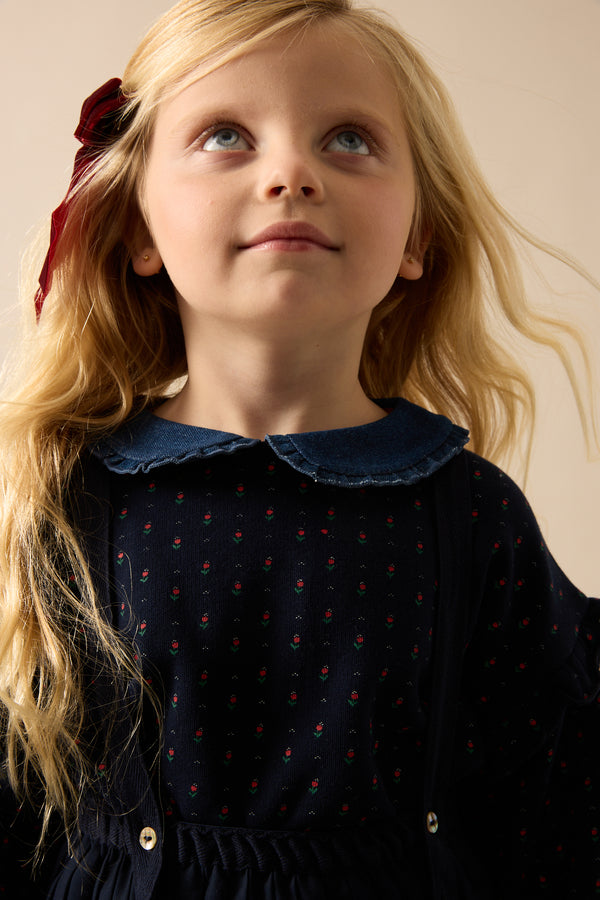 Analogy by Lil Legs Navy Print Sweet Campaign Denim Collar Ruffle Sweatshirt