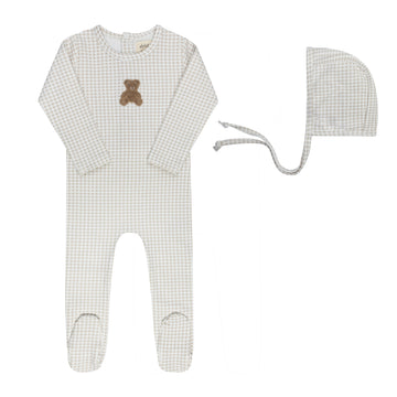Ely's & Co. Gingham Teddy Footie & Bonnet Set - Tan