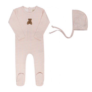 Ely's & Co. Gingham Teddy Footie & Bonnet Set - Pink