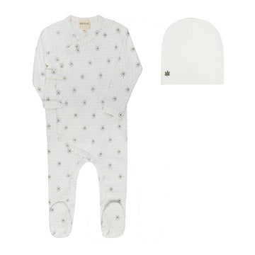 Ely's & Co. Floral Dot Footie & Hat Set - Ivory Blue