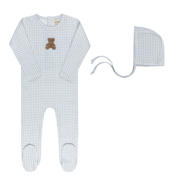 Ely's & Co. Gingham Teddy Footie & Bonnet Set - Blue