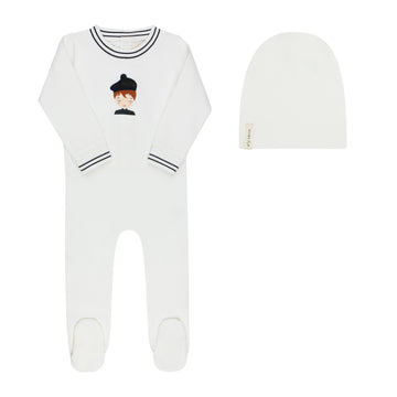 Ely's & Co. French Terry Scottish Footie & Beanie Set - Ivory Navy