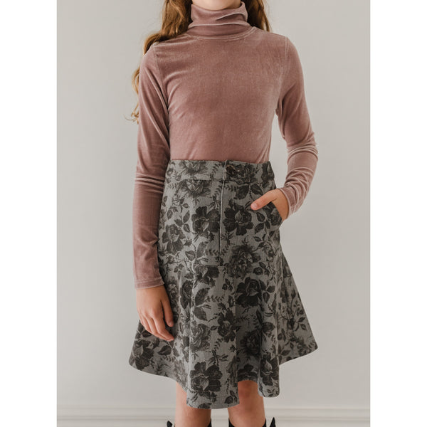 Pink Label By Petite Amalie Grey Black Rose Printed Denim Skirt