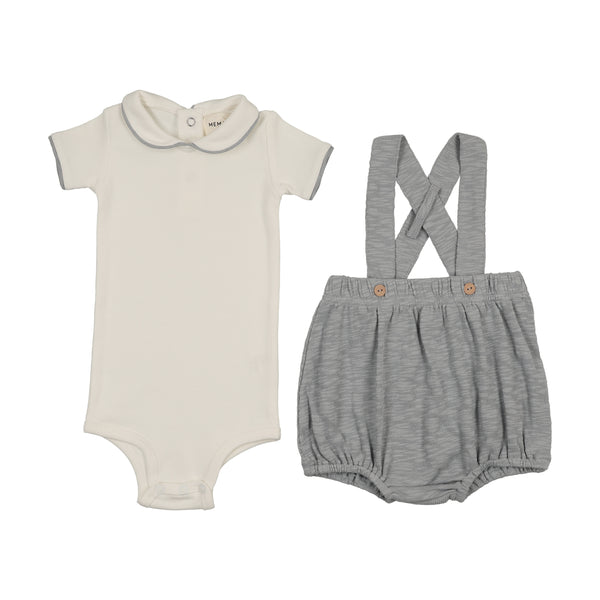 Mema Knits Short Overall + Onesie Set - Winter White / Dove Blue