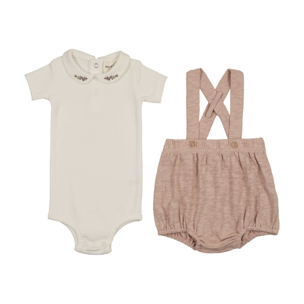 Mema Knits Short Overall + Onesie Set - Winter White / Pale Pink