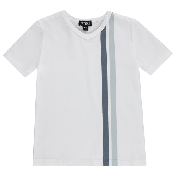 Jaybee Child White/Blue Dual Striped Short Sleeve V-Neck Tee