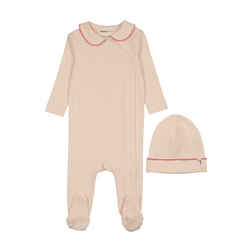 Mema Knits Trimmed Collar Footie + Beanie - Nude Pink / Coral Picot