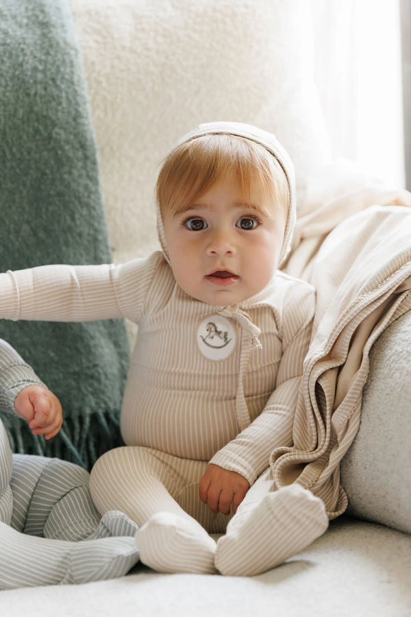 Aurora Beige Footie + Bonnet Cotton French Terry Rocking Horse