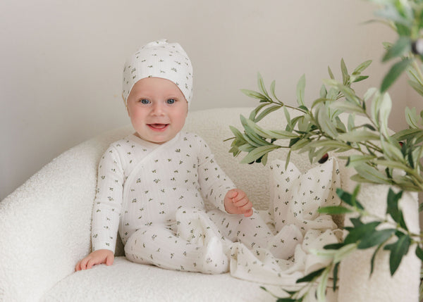 Ely's & Co Floral Pointelle Collection Ivory Blue Footie + Beanie