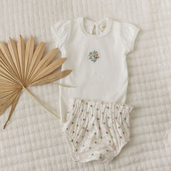 Ely's & Co Ribbed Floral Embroidered Collection Ivory Tshirt And Bloomer