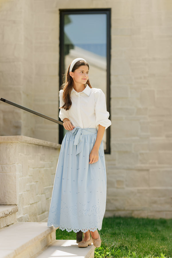 Daintti by Velvette Label Blue Eyelit Midi Skirt
