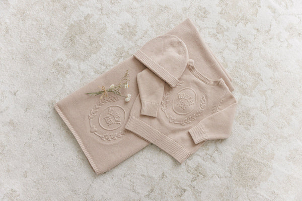 Peluche Taupe Embossed Reversible Cardigan + Beanie Set