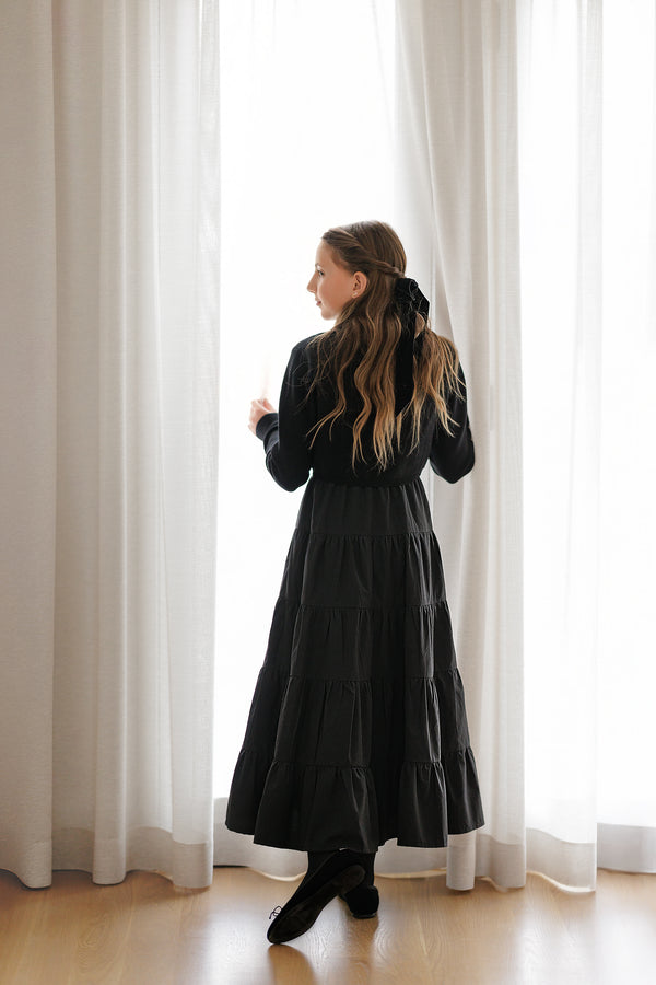 Velvette Label Teen Black Sleevles Tiered Midi