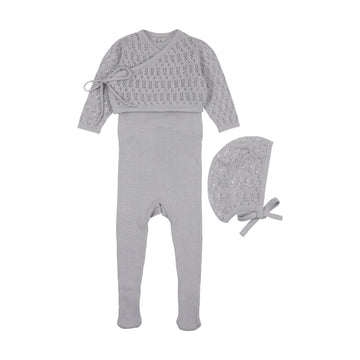 Mema Knits Light Blue Knit Sleeveless Footie W Cardigan + Bonnet (M325)