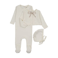 Mema Knits Pointelle Footie + Slub Cardigan + Bonnet - Ivory
