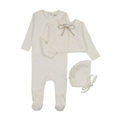 Mema Knits Pointelle Footie + Slub Cardigan + Bonnet - Ivory