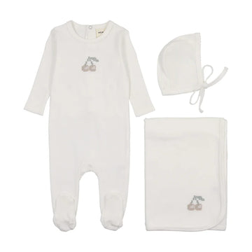 Mema Knits Winter White / Taupe Cherry Velour Embroidered Cherry 3 Pc Set M449-3pc
