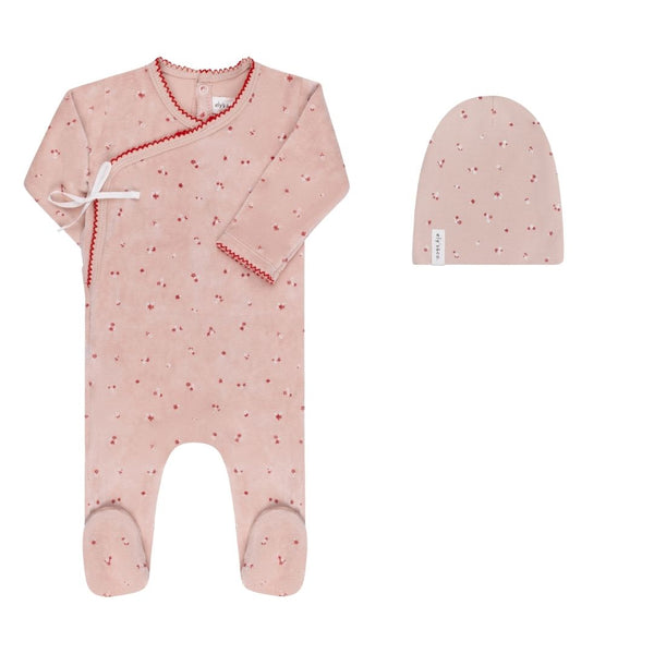 Ely's & Co Velour Embroidered Flowers Collection Pink Footie + Bonnet