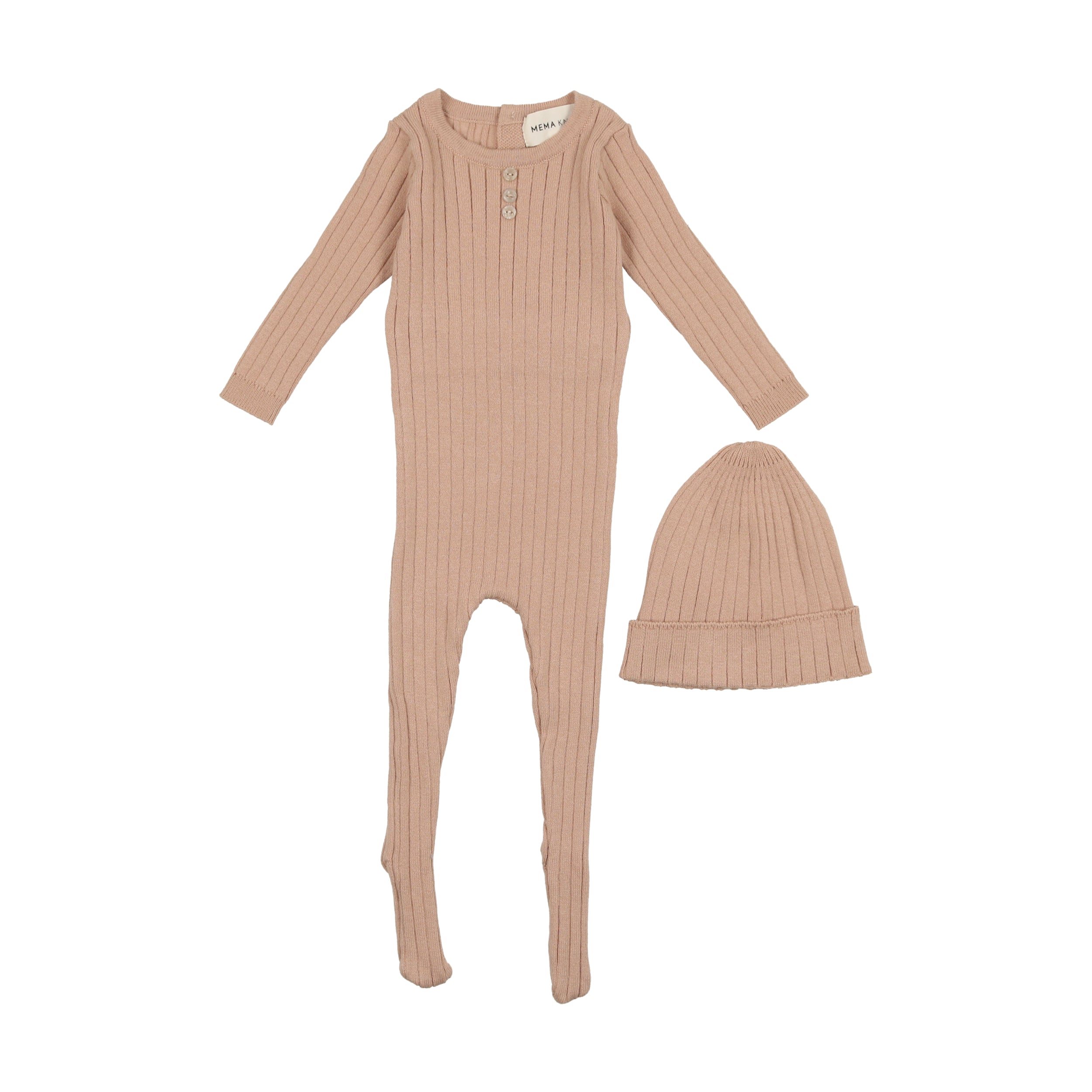 Mema Knits Ribbed Knit Footie + Beanie Pink Buttons Bebe