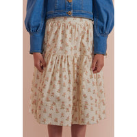 PINK By Petite Amalie Flower Bud Print Cream Denim Midi A-Line Skirt