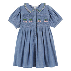 Emile Et Ida Smocked Hand Embroidered Dress (AD156A) - Chambray