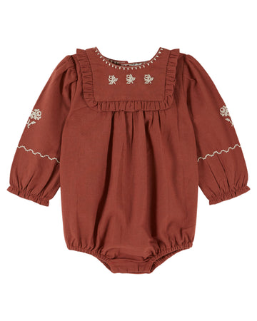 Emile et Ida Baby Plain Embroidered Romper - Acajou