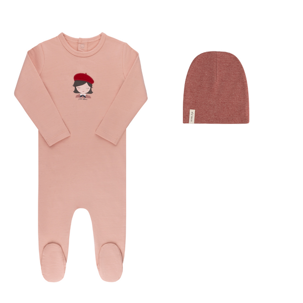 Ely's & Co Organic French Terry French Girl Collection Pink Footie + Beanie