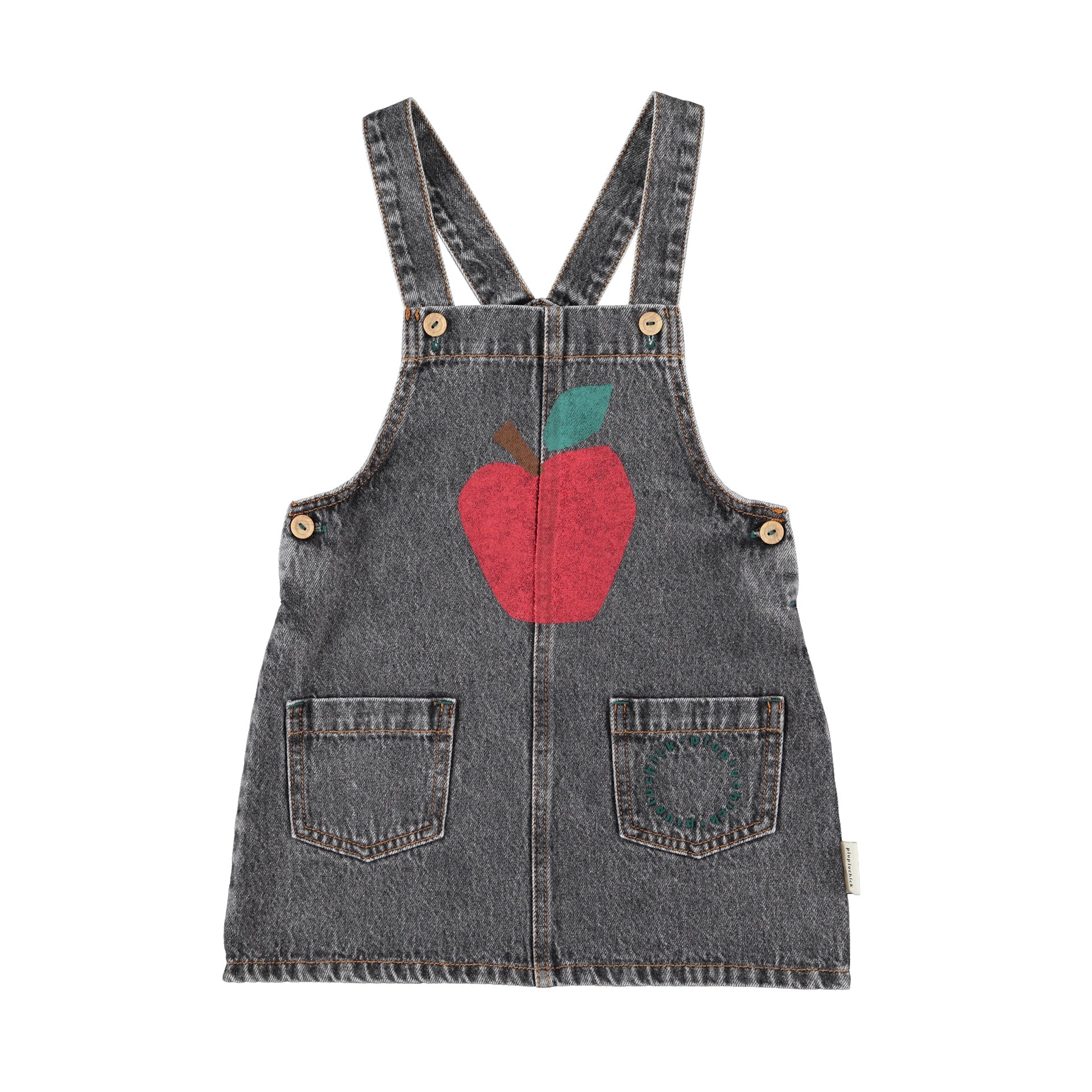 Piupiuchick Washed Black Denim Knee-Length Strap Dress with Apple Prin Piupiuchick Washed Black Denim Knee-Length Strap Dress with Apple Prin