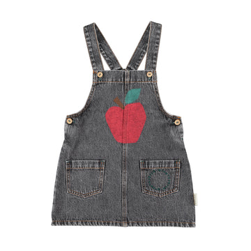 Piupiuchick Washed Black Denim Knee-Length Strap Dress with Apple Print