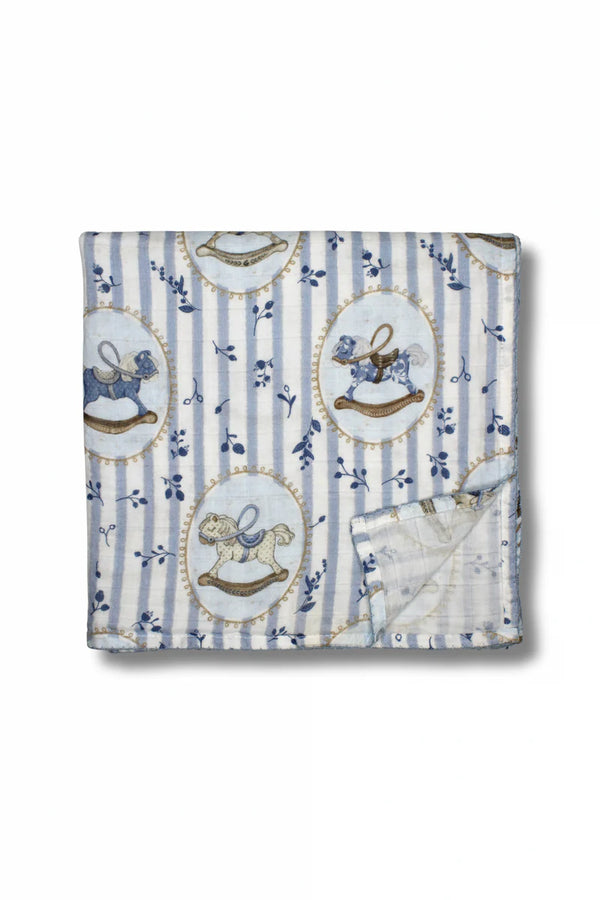 Little Threads The Label Blue Rocking Horse Muslin Blanket