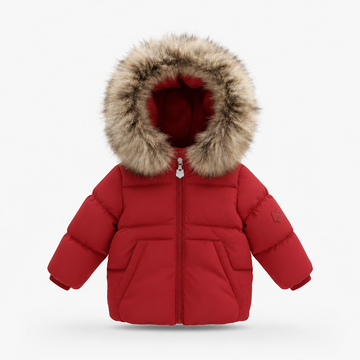 Scotch Bonnet Red Zip-Front Fur Trimmed Hooded Baby Down Coat with Front Pockets B8