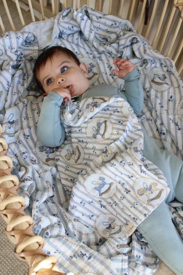 Little Threads The Label Blue Rocking Horse Muslin Blanket